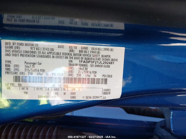1FADP3F21JL292481 Ford FOCUS SE
