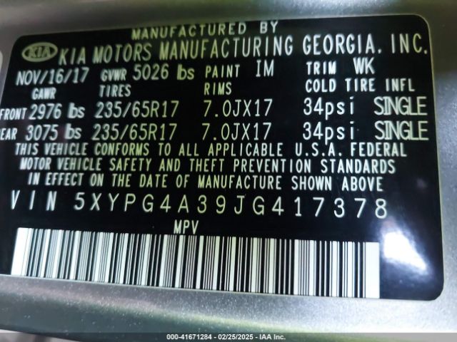 5XYPG4A39JG417378 KIA Sorento 2.4l L