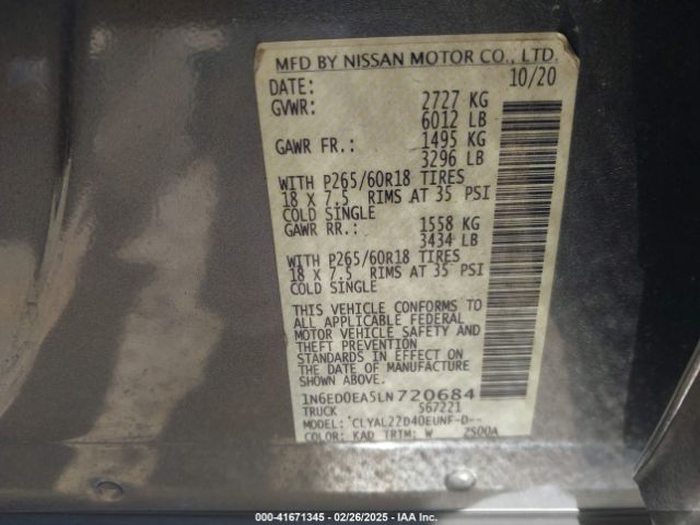 1N6ED0EA5LN720684 Nissan Frontier Sv 4x2