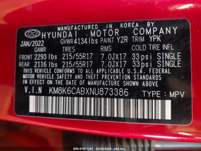 KM8K6CABXNU873386 Hyundai Kona Sel