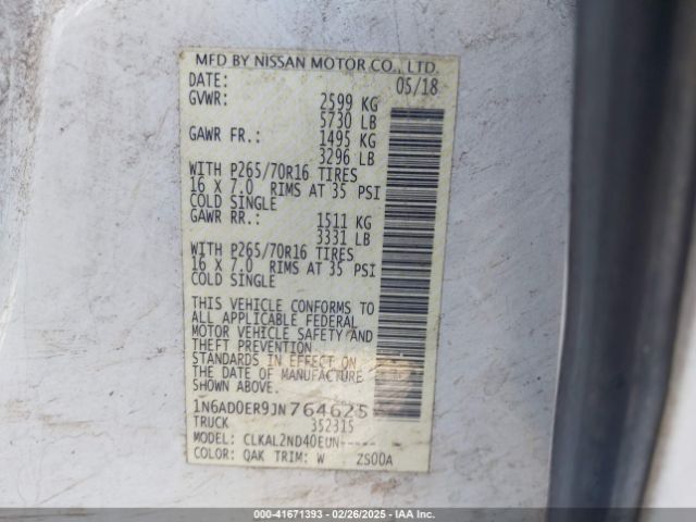 1N6AD0ER9JN764625 Nissan Frontier Sv