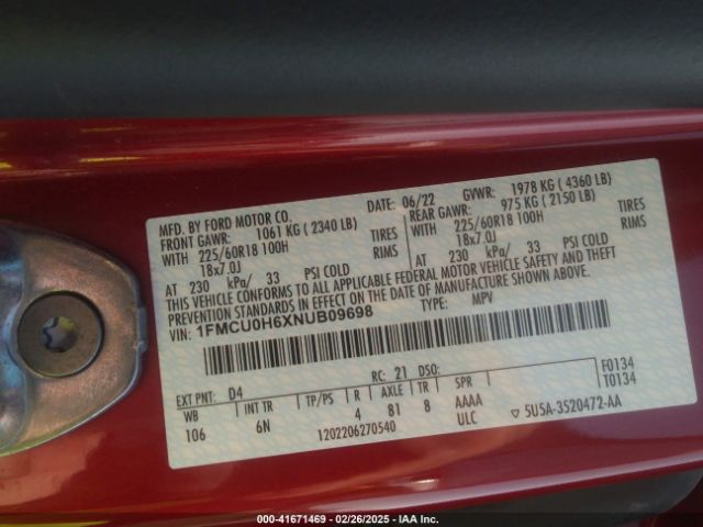 2022 FORD ESCAPE 1FMCU0H6XNUB09698 Photo 8