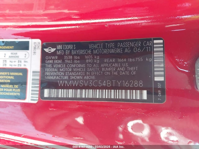 2011 MINI COOPER S WMWSV3C54BTY16288 Photo 8