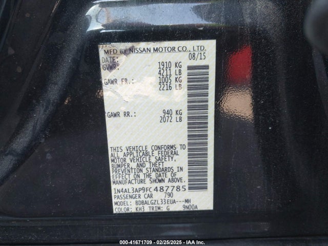 Nissan Altima 2.5 S 2015 1N4AL3AP9FC487785 Image 9