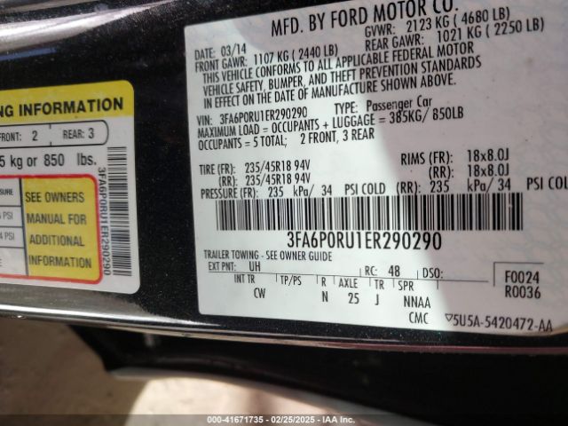 3FA6P0RU1ER290290 Ford Fusion Hybrid Titanium