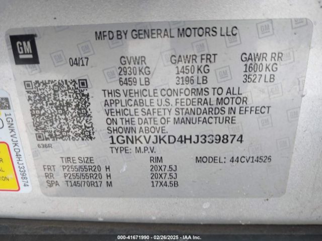 1GNKVJKD4HJ339874 Chevrolet Traverse Premier