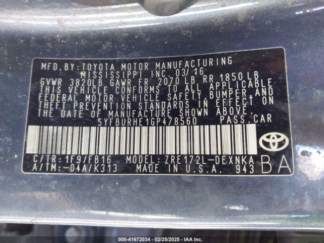 5YFBURHE1GP478560 Toyota COROLLA LE