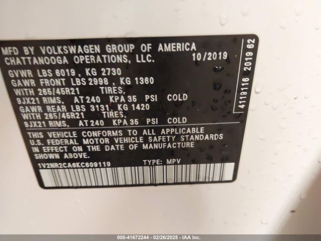 1V2NR2CA6KC609119 Volkswagen Atlas 3.6l V6 Sel Premium