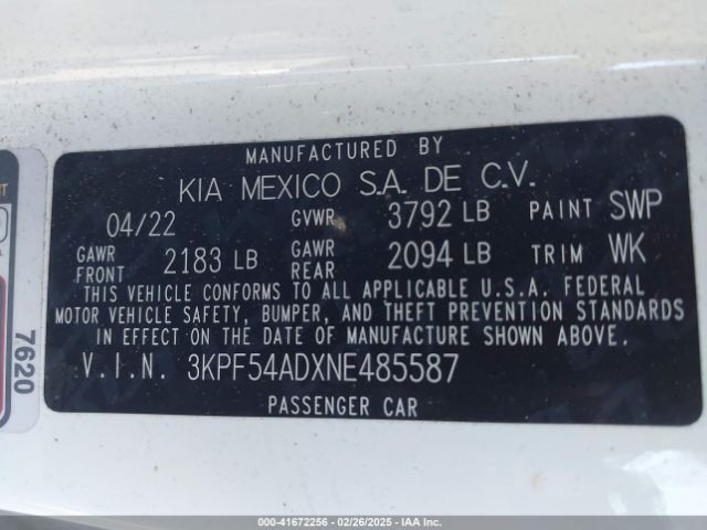 3KPF54ADXNE485587 KIA Forte Gt-line