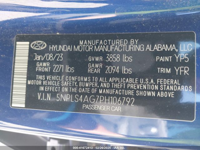 5NPLS4AG7PH106792 Hyundai ELANTRA SEL