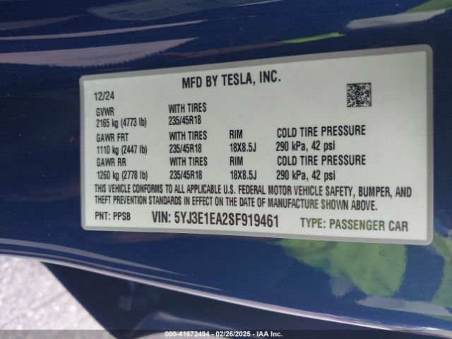 5YJ3E1EA2SF919461 Tesla Model 3 Long Range Rear-wheel Drive