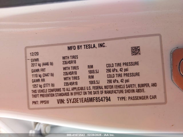 2021 TESLA MODEL 3 5YJ3E1EA6MF854794 Photo 8