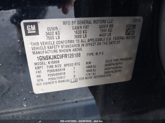 1GNSKJKC9FR126188 Chevrolet Suburban 1500 Lt