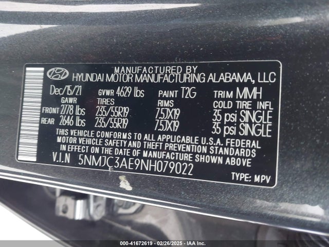 5NMJC3AE9NH079022 Hyundai TUCSON SEL