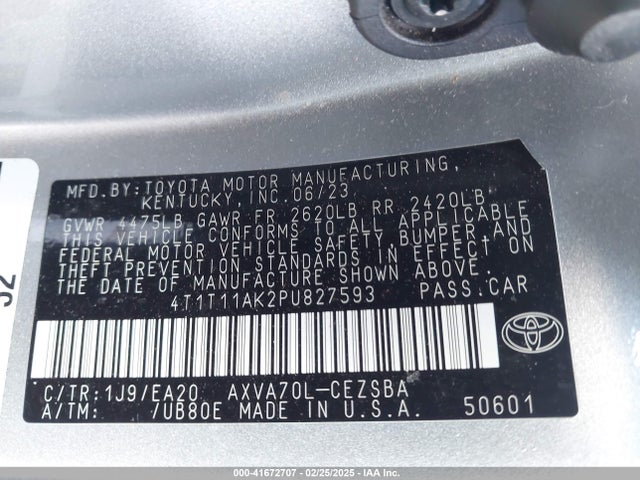 4T1T11AK2PU827593 Toyota CAMRY SE