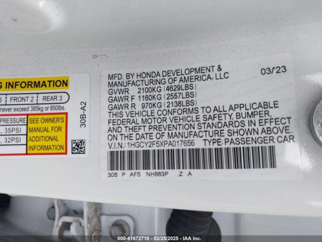 1HGCY2F5XPA017656 Honda Accord Hybrid Sport