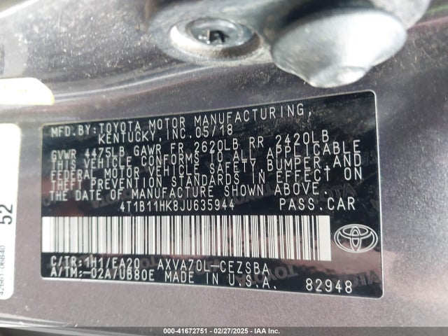 4T1B11HK8JU635944 Toyota CAMRY SE