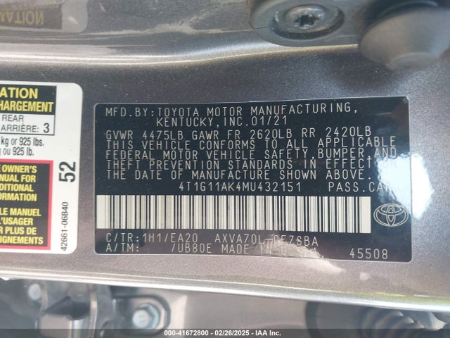 4T1G11AK4MU432151 Toyota CAMRY SE