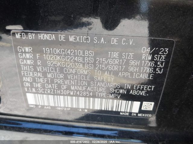 3CZRZ1H30PM742854 Honda HR-V LX