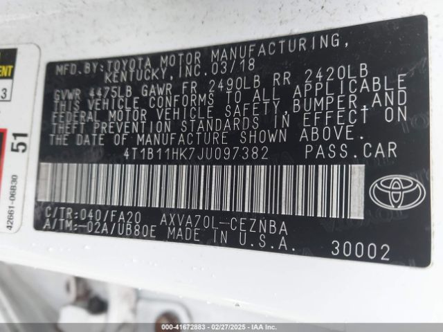 4T1B11HK7JU097382 Toyota CAMRY LE