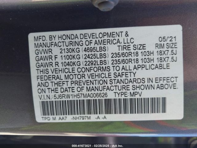 5J6RW1H57MA006626 Honda Cr-v 2wd Ex