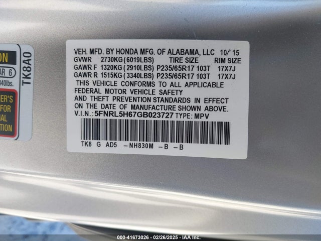5FNRL5H67GB023727 Honda Odyssey Ex-l