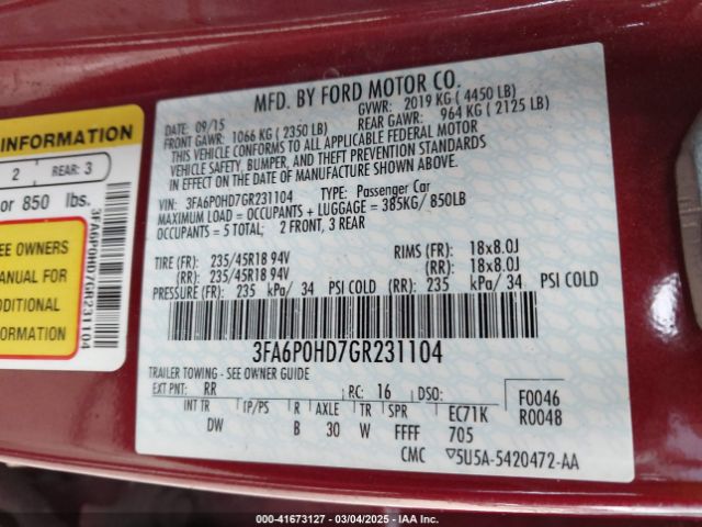 3FA6P0HD7GR231104 Ford FUSION SE