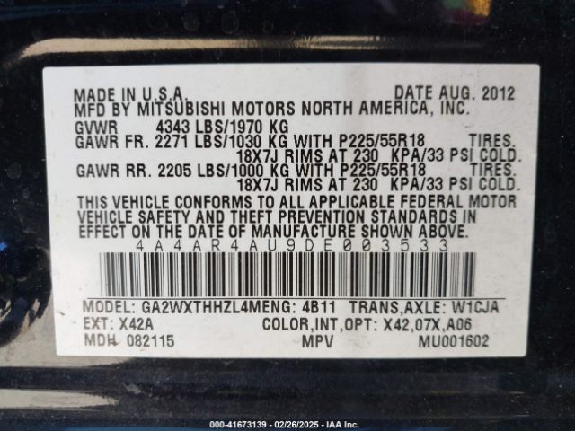 2013 MITSUBISHI OUTLANDER SPORT 4A4AR4AU9DE003533 Photo 8