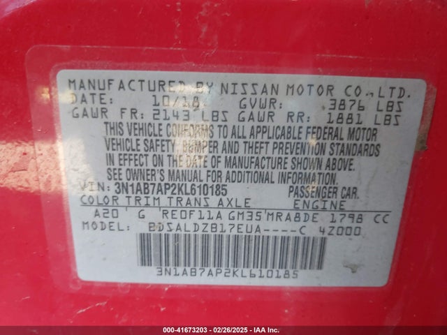 3N1AB7AP2KL610185 Nissan SENTRA SV