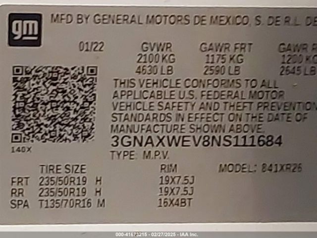 3GNAXWEV8NS111684 Chevrolet Equinox Awd Rs