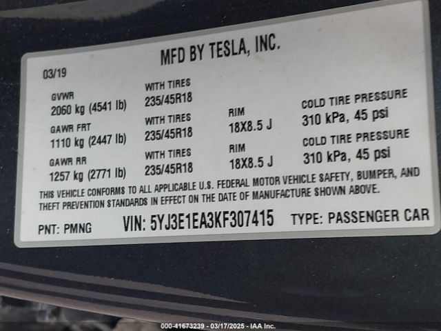 5YJ3E1EA3KF307415 Tesla Model 3 Long Range/mid Range/standard Range/standard Range Plus