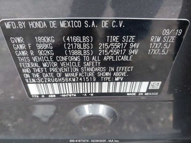 3CZRU6H56KM741519 Honda HR-V EX