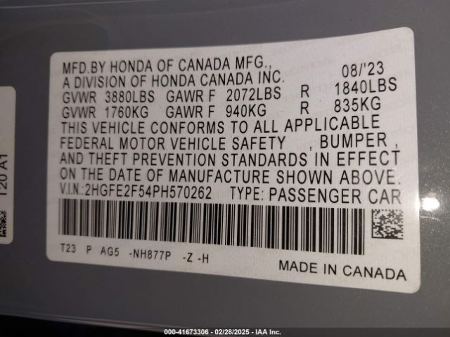 2HGFE2F54PH570262 Honda Civic Sport