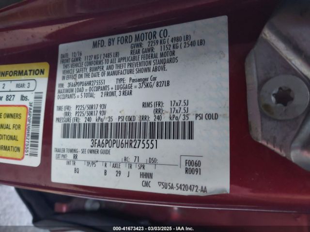 3FA6P0PU6HR275551 Ford Fusion Energi Se Luxury