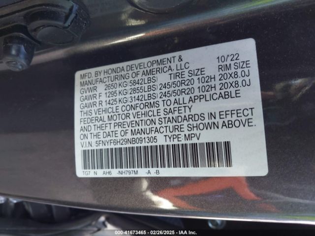 5FNYF6H29NB091305 Honda Pilot Awd Special Edition