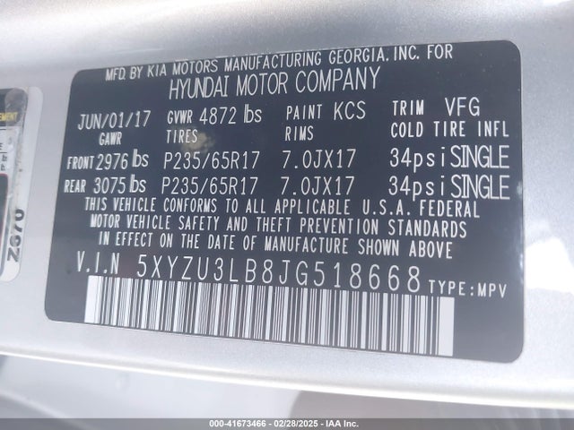 5XYZU3LB8JG518668 Hyundai Santa Fe Sport 2.4l