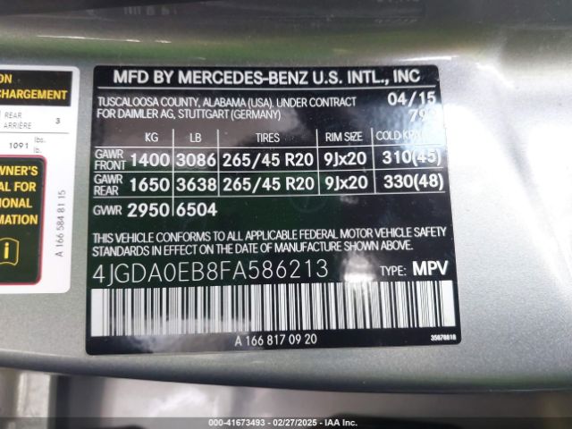 4JGDA0EB8FA586213 Mercedes-Benz Ml 250 Bluetec 4matic