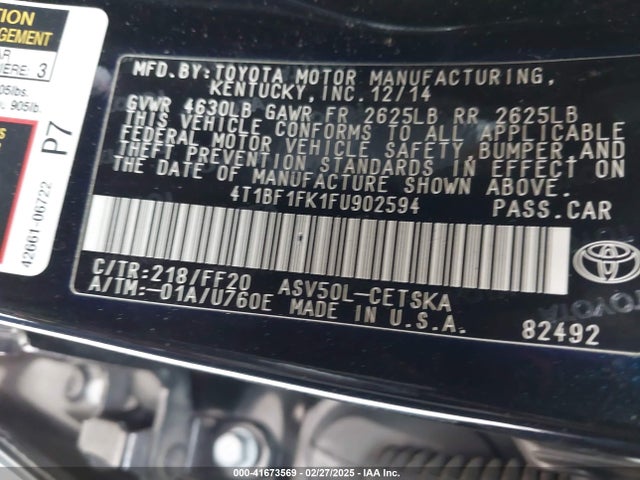 41673569 :رقم المزاد ، 4T1BF1FK1FU902594 vin ، 2015 Toyota Camry Se مزاد بيع