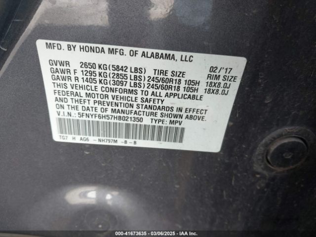 5FNYF6H57HB021350 Honda Pilot Ex-l