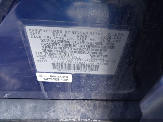 3N1CP5CU8JL518157 Nissan KICKS SV