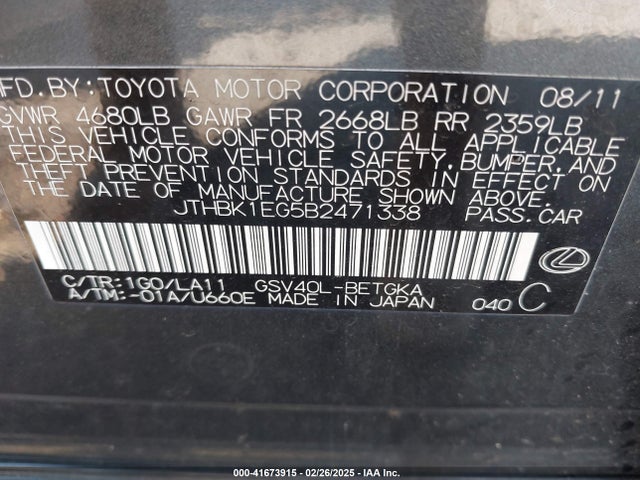Продаж на аукціоні авто 2011 Lexus Es 350, vin: JTHBK1EG5B2471338, номер лоту: 41673915