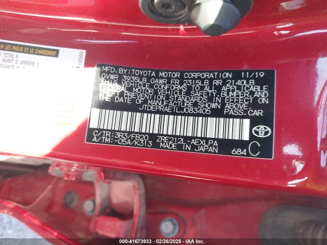 JTDEPRAE1LJ083405 Toyota COROLLA LE