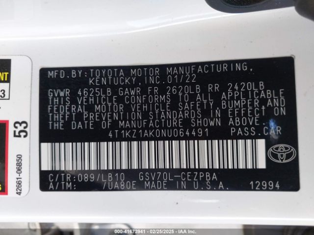 4T1KZ1AK0NU064491 Toyota Camry Xse V6