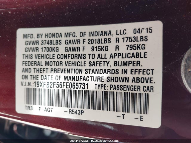 Honda Civic Lx 2015 19XFB2F56FE065731 Image 9