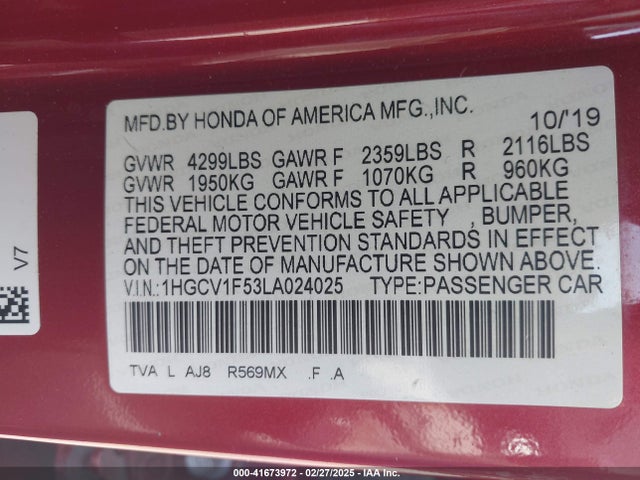 1HGCV1F53LA024025 Honda Accord Ex-l