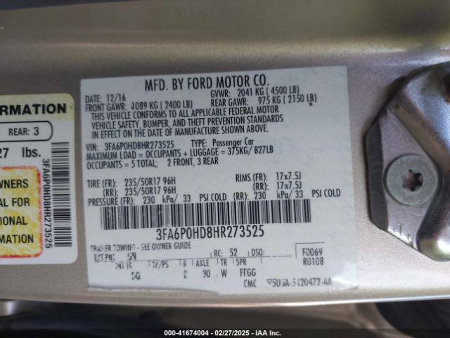 3FA6P0HD8HR273525 Ford FUSION SE