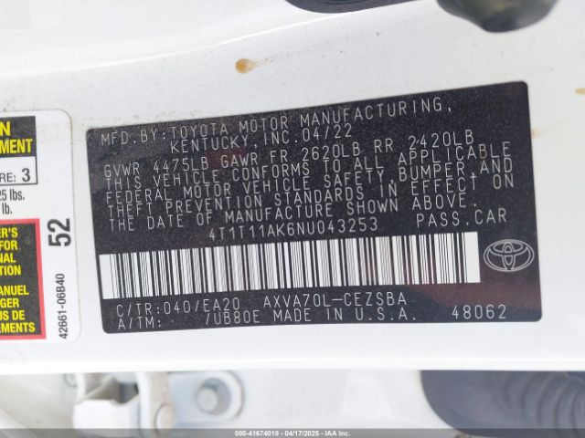 4T1T11AK6NU043253 Toyota CAMRY SE