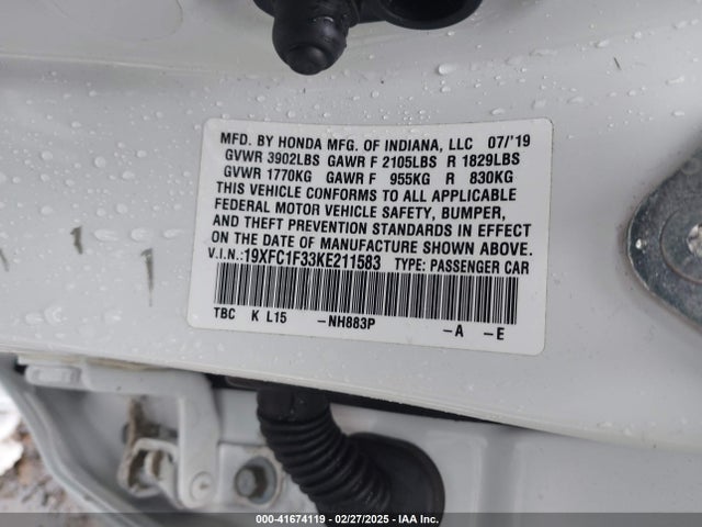 Honda l15b7/l15by 2019 19XFC1F33KE211583 Image 9