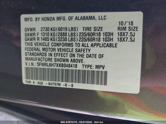 5FNRL6H7XKB048418 Honda Odyssey Ex-l