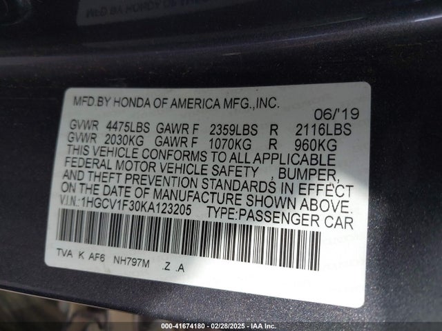 1HGCV1F30KA123205 Honda Accord Sport